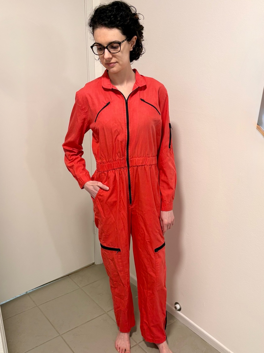 Coral Pink 1980s Women's Utility Jumpsuit with Zipper